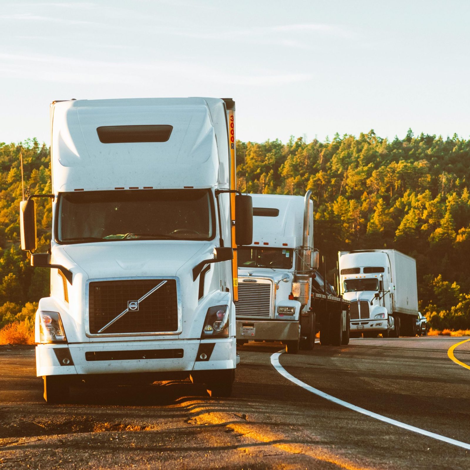 pexels-photo-2199293-2199293-1 Three semi trucks driving on a highway through a forested landscape in Arizona.